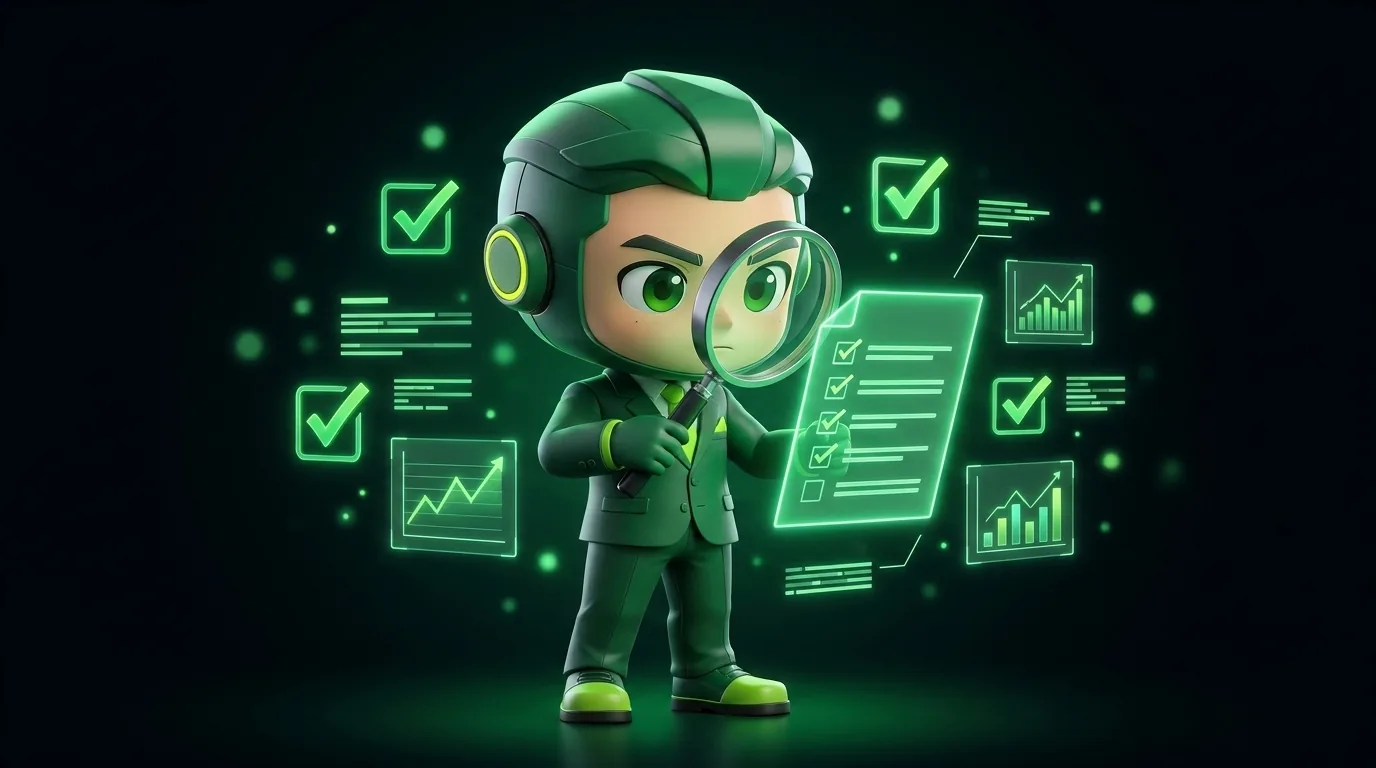 Fewpips mascot inspecting a checklist with a magnifying glass
