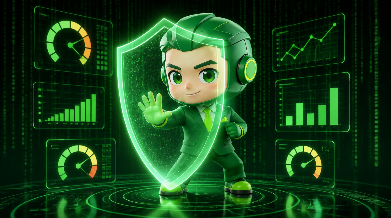 Fewpips mascot holding a protective shield