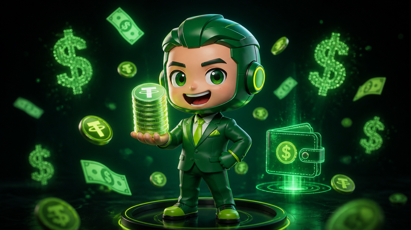 Fewpips mascot holding crypto coins and digital wallet